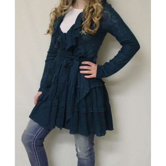 Anthropology A’reve Green Teal Ruffled Duster Medium Tie - Picture 2 of 4